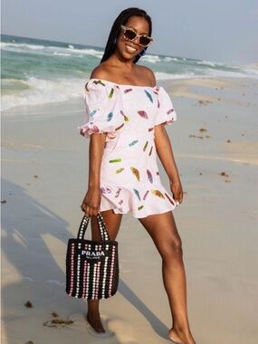 Queen of Sparkles Pink Sequin Umbrella Dress Size M Puff Sleeve Mini